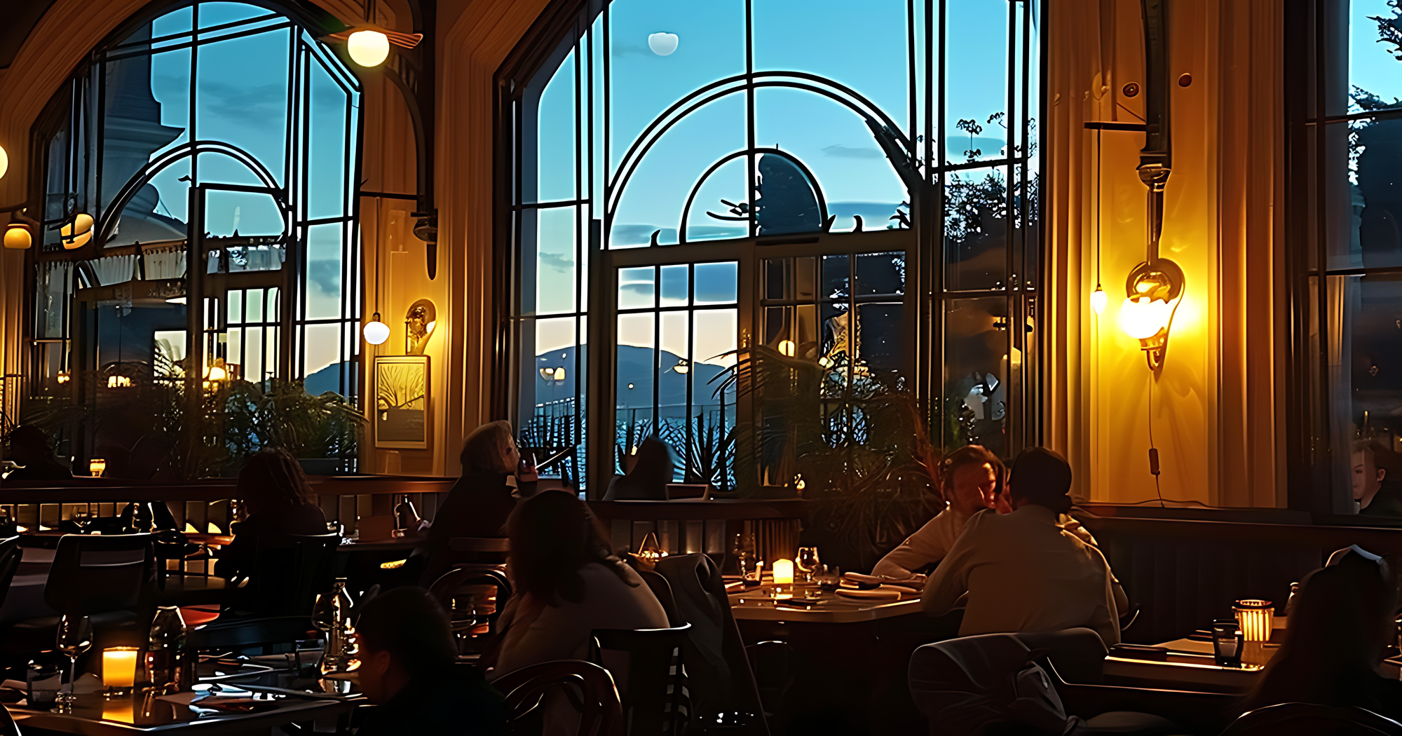 L'image montre un restaurant élégant à l'intérieur, avec une ambiance chaleureuse et accueillante. Les grandes fenêtres arquées laissent entrer une lumière douce du crépuscule, offrant une vue magnifique sur l'extérieur, probablement une ville ou un paysage naturel. Les lumières tamisées et les bougies sur les tables ajoutent une atmosphère intime et romantique. Les clients sont assis à des tables, certains conversant tranquillement, d'autres profitant de leur repas. Le décor est raffiné, avec des éléments classiques comme des lampes murales et des plantes d'intérieur qui contribuent à l'ambiance cosy et sophistiquée du lieu.