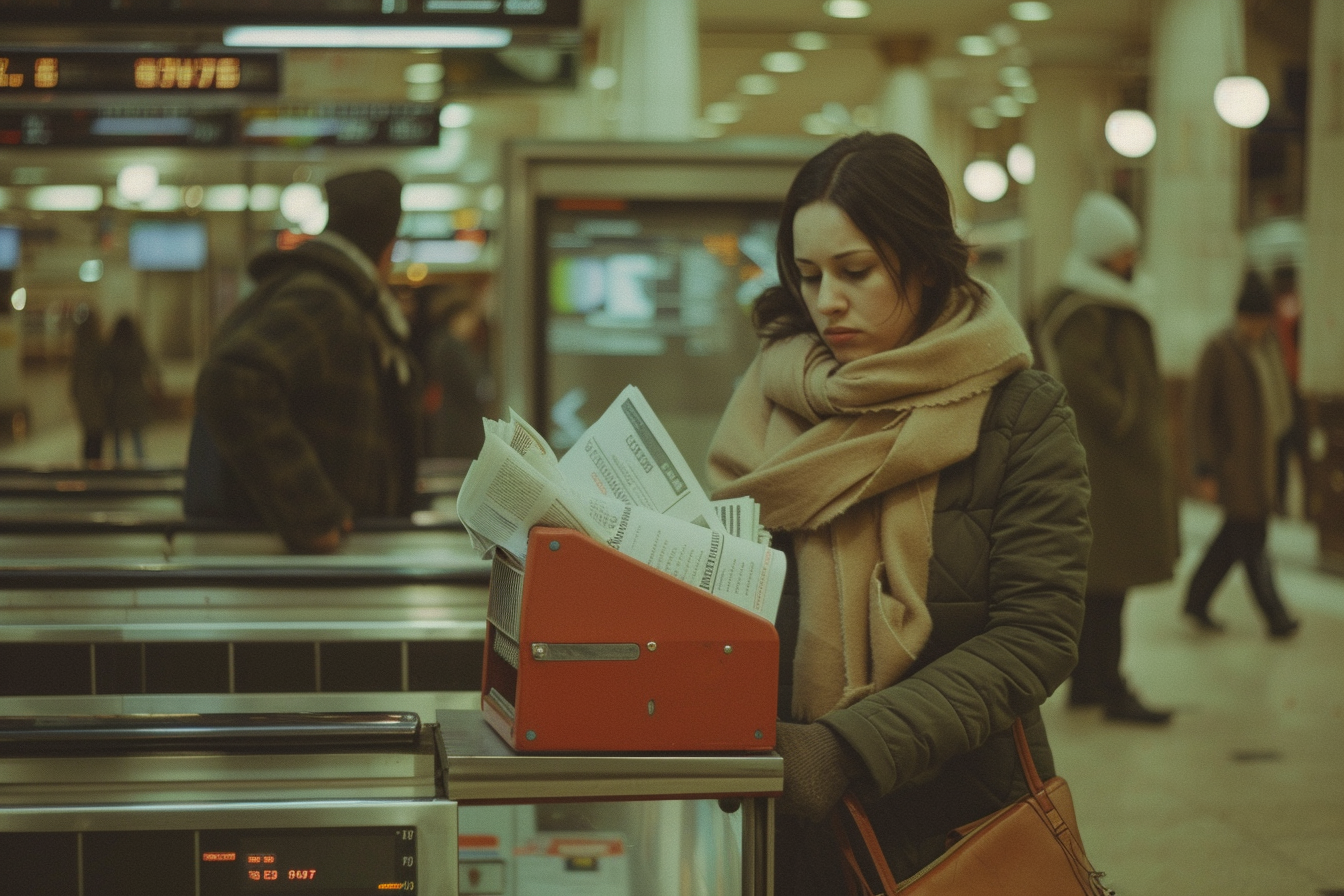 Une femme habillée chaudement, portant une écharpe et un manteau, se tient devant un distributeur de journaux dans une station de métro. Elle semble lire attentivement le journal, tandis que des passants flous se déplacent en arrière-plan. L'ambiance générale est celle d'un matin froid et animé dans une station de transport en commun.