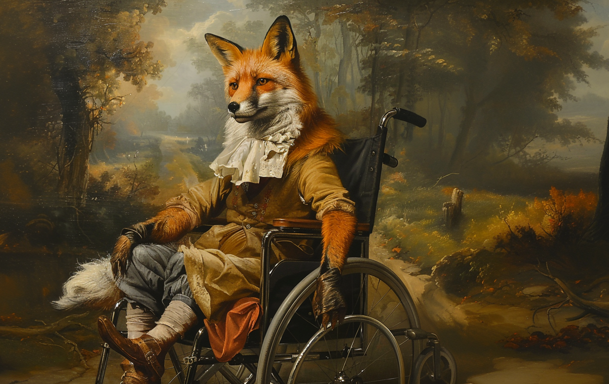 "Image d'une œuvre d'art surréaliste représentant un renard anthropomorphique assis dans un fauteuil roulant dans un cadre de forêt pittoresque. Le renard, portant une veste de velours marron et un jabot blanc, affiche un visage expressif avec des traits humains. Le fond de l'image est une forêt automnale avec des arbres et des feuilles dans des tons de vert, jaune et orange. L'ambiance est à la fois mystique et tranquille, évoquant un tableau de la Renaissance.