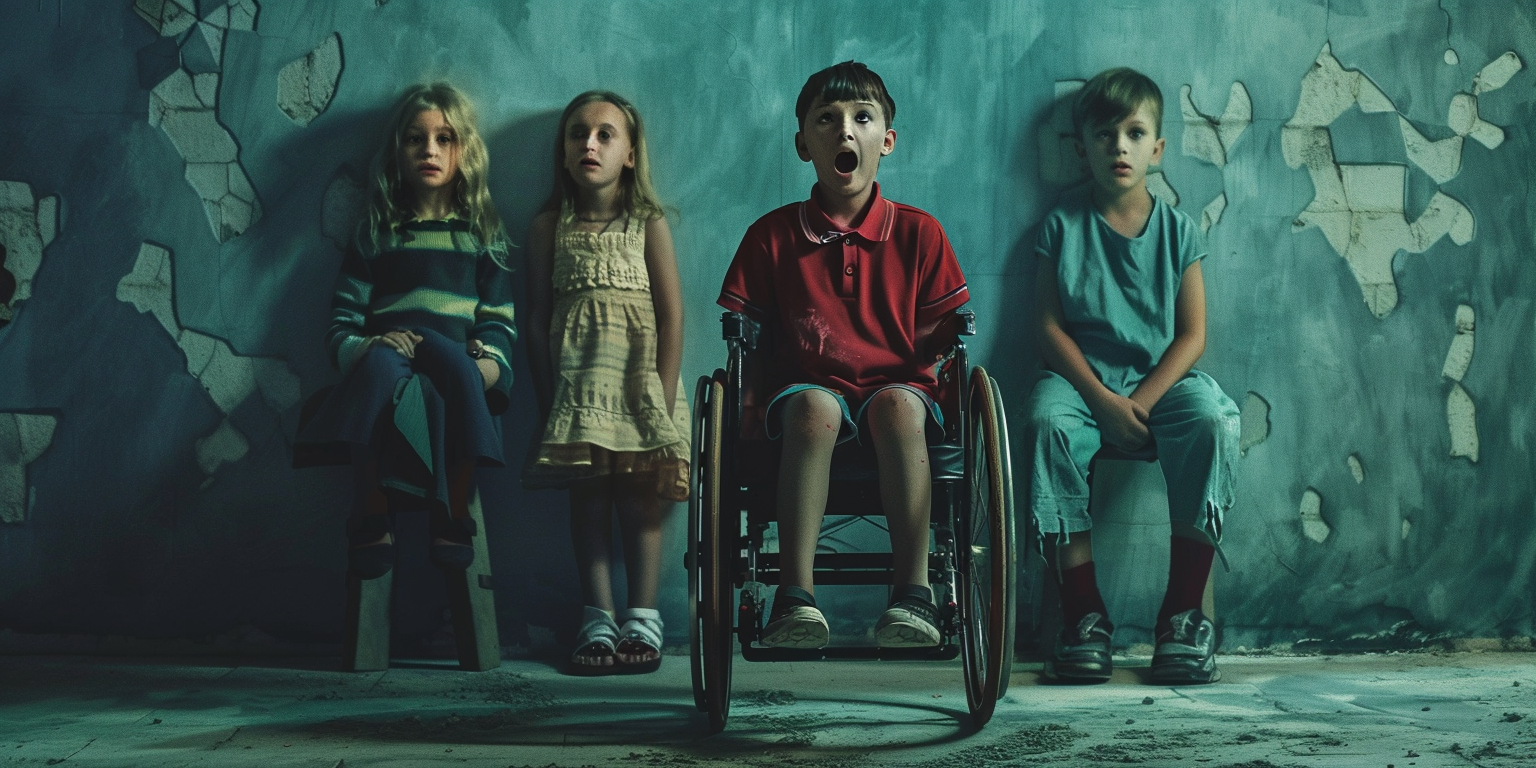 L'image montre quatre enfants, dont l'un est en fauteuil roulant. Les enfants sont assis ou se tiennent debout devant un mur délabré et fissuré, créant une atmosphère sombre et inquiétante. Les deux enfants à gauche portent des robes, tandis que l’enfant à droite porte un t-shirt bleu et un pantalon assorti. L'enfant en fauteuil roulant, situé au centre, porte un polo rouge et semble exprimer une émotion intense (probablement un cri). Il est amputé de ses bras. L'ambiance générale de l'image est sombre et mystérieuse, avec un éclairage tamisé qui accentue les détails du mur en arrière-plan.