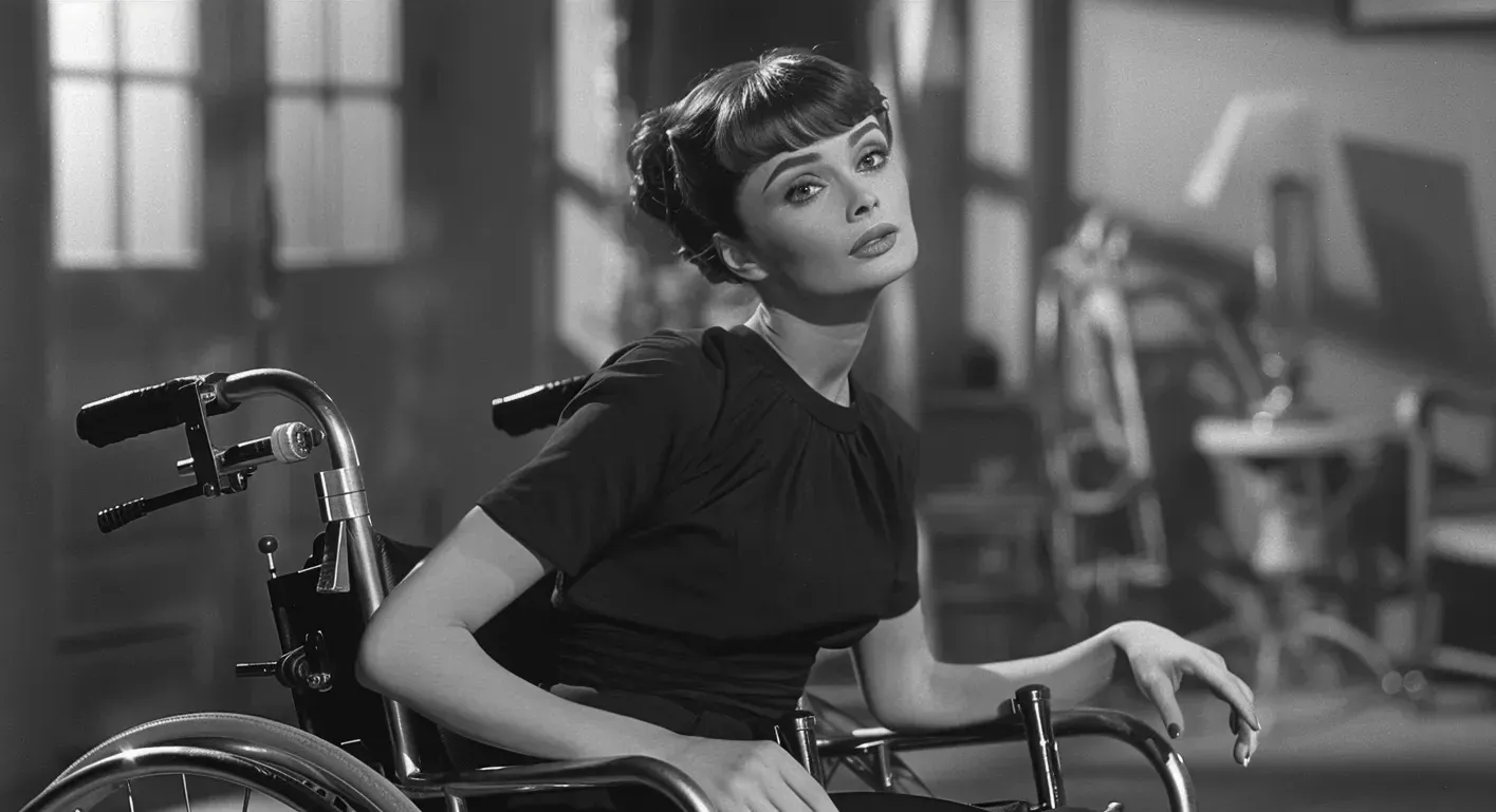 L'actrice Audrey Hepburn, une femme élégante aux cheveux bruns courts et frange, portant une robe noire, est assise dans un fauteuil roulant. L'image en noir et blanc évoque une ambiance rétro, avec des meubles et objets flous en arrière-plan, créant une atmosphère classique.