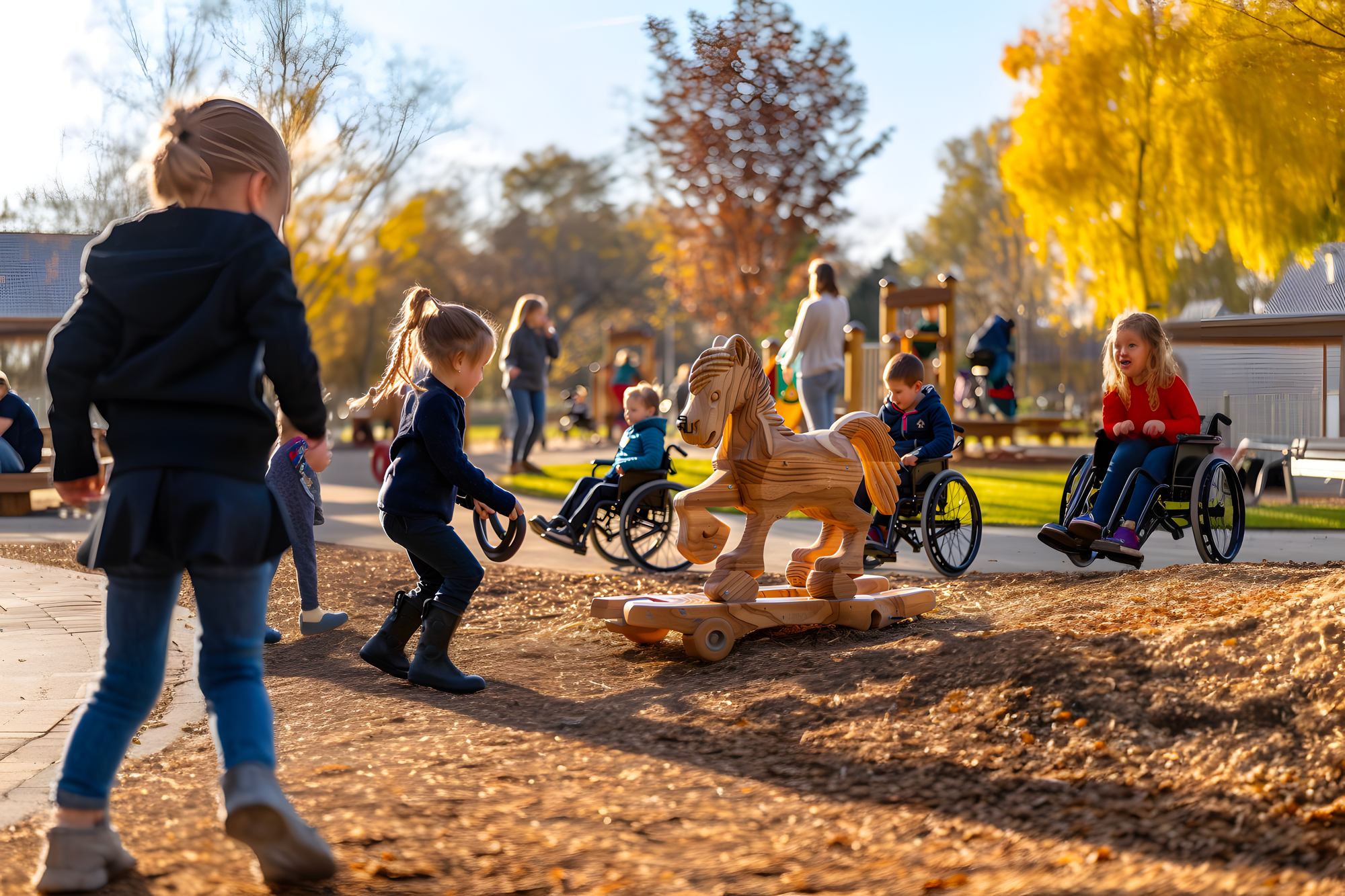 Cette image montre un groupe d'enfants jouant ensemble dans une cour de récréation inclusive. Certains enfants utilisent des fauteuils roulants tandis que d'autres courent ou marchent. Au centre de l'image, un cheval à bascule en bois est installé sur une surface de jeu, et plusieurs enfants interagissent avec lui. En arrière-plan, on aperçoit des arbres aux couleurs automnales et des structures de jeux supplémentaires. L'ambiance est joyeuse et dynamique, illustrant un environnement accessible et inclusif où tous les enfants peuvent s'amuser ensemble.