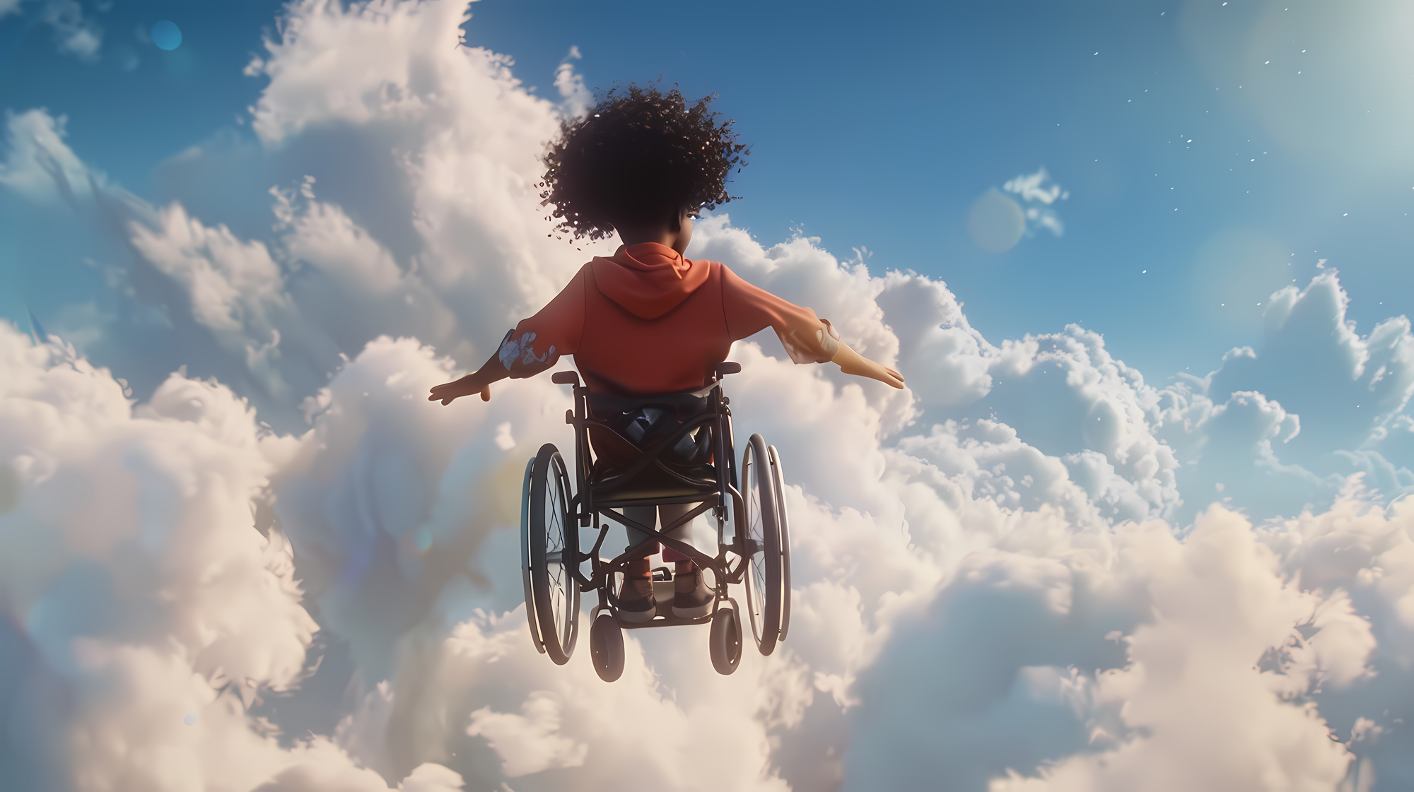 Une personne en fauteuil roulant est représentée de dos, flottant dans le ciel au milieu des nuages dans un style cartoon. Elle porte un sweat-shirt orange et a les bras écartés, donnant une impression de liberté et de légèreté. Les nuages blancs et le ciel bleu clair créent une atmosphère sereine et onirique.