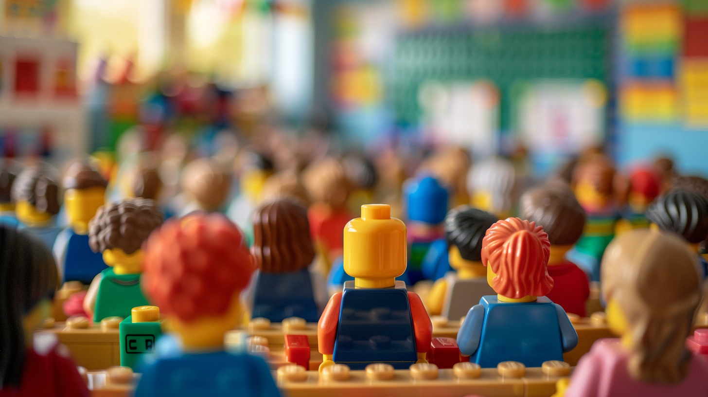 L'image montre une salle de classe remplie de figurines LEGO, toutes tournées vers l'avant. Les figurines sont assises en rangées, regardant vers un tableau ou un écran à l'avant de la salle. Les couleurs vives et les différents styles de cheveux des figurines créent une scène animée et diversifiée. L'arrière-plan est flou, mettant l'accent sur les figurines au premier plan.