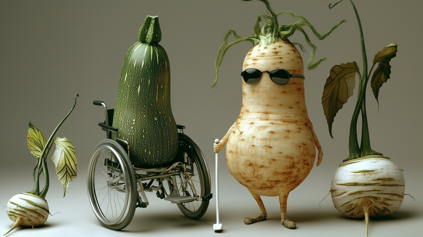 Légumes anthropomorphisés : courgette en fauteuil roulant, panais avec lunettes de soleil et canne blanche, navets. Illustration humoristique sur le handicap et la diversité.