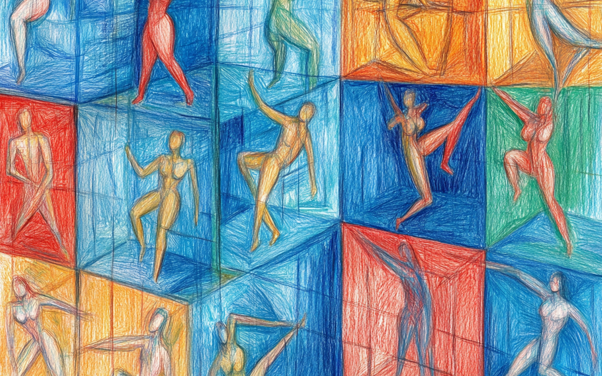 Peinture cubiste aux couleurs vives représentant des silhouettes humaines stylisées en mouvement. Les figures sont réparties dans des compartiments géométriques bleus, rouges, jaunes et verts, créant une composition dynamique et fragmentée.