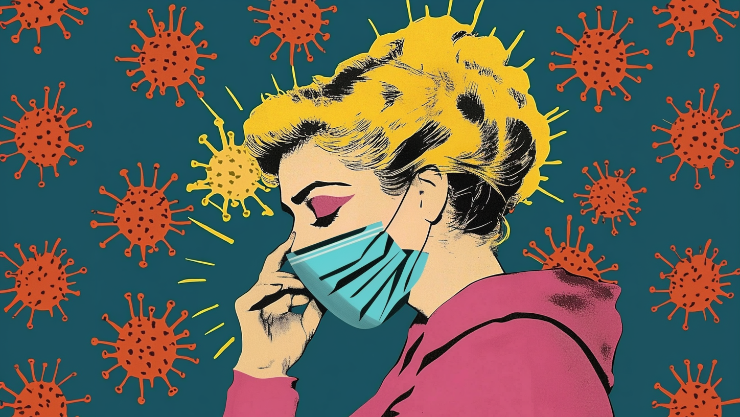 Illustration pop art d'une personne blonde portant un masque bleu, entourée de représentations stylisées du virus en orange et jaune sur fond vert foncé.