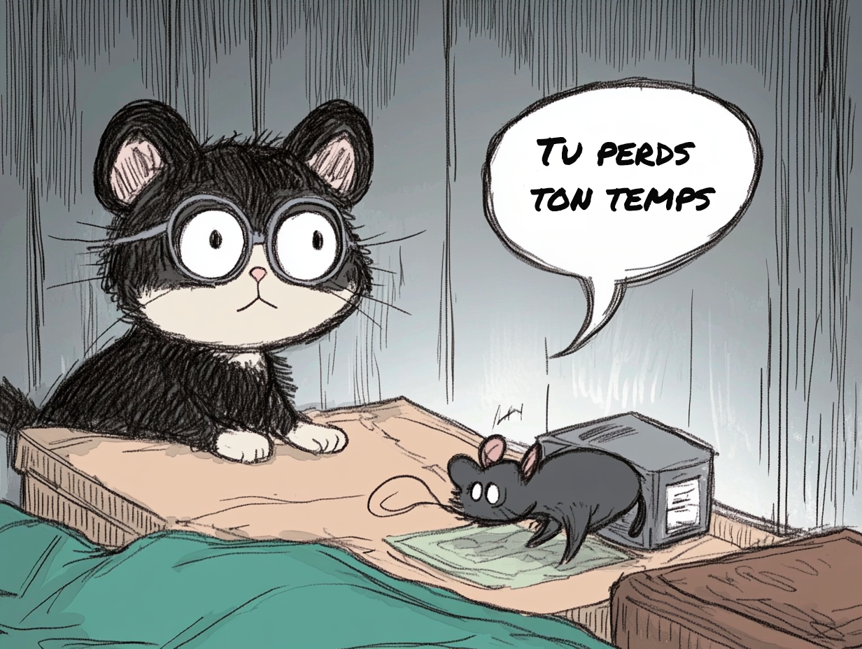 Dessin comics humoristique d'un chat noir à lunettes fixant une souris grise. La souris sort d'une boîte et dit "Tu perds ton ton temps". Ambiance sombre.