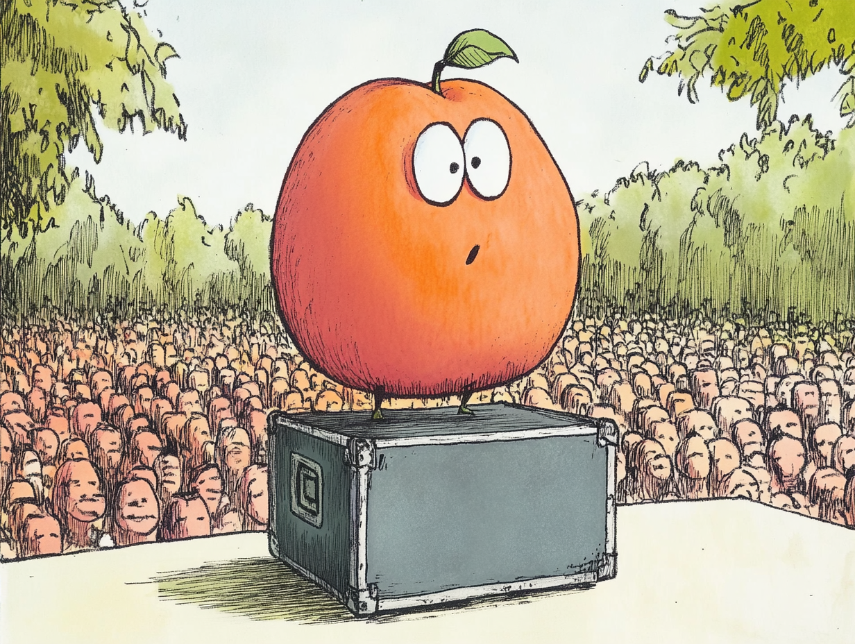 Pêche anthropomorphique géante, embarrassée, montrant ses fesses à un large public. Illustration humoristique.