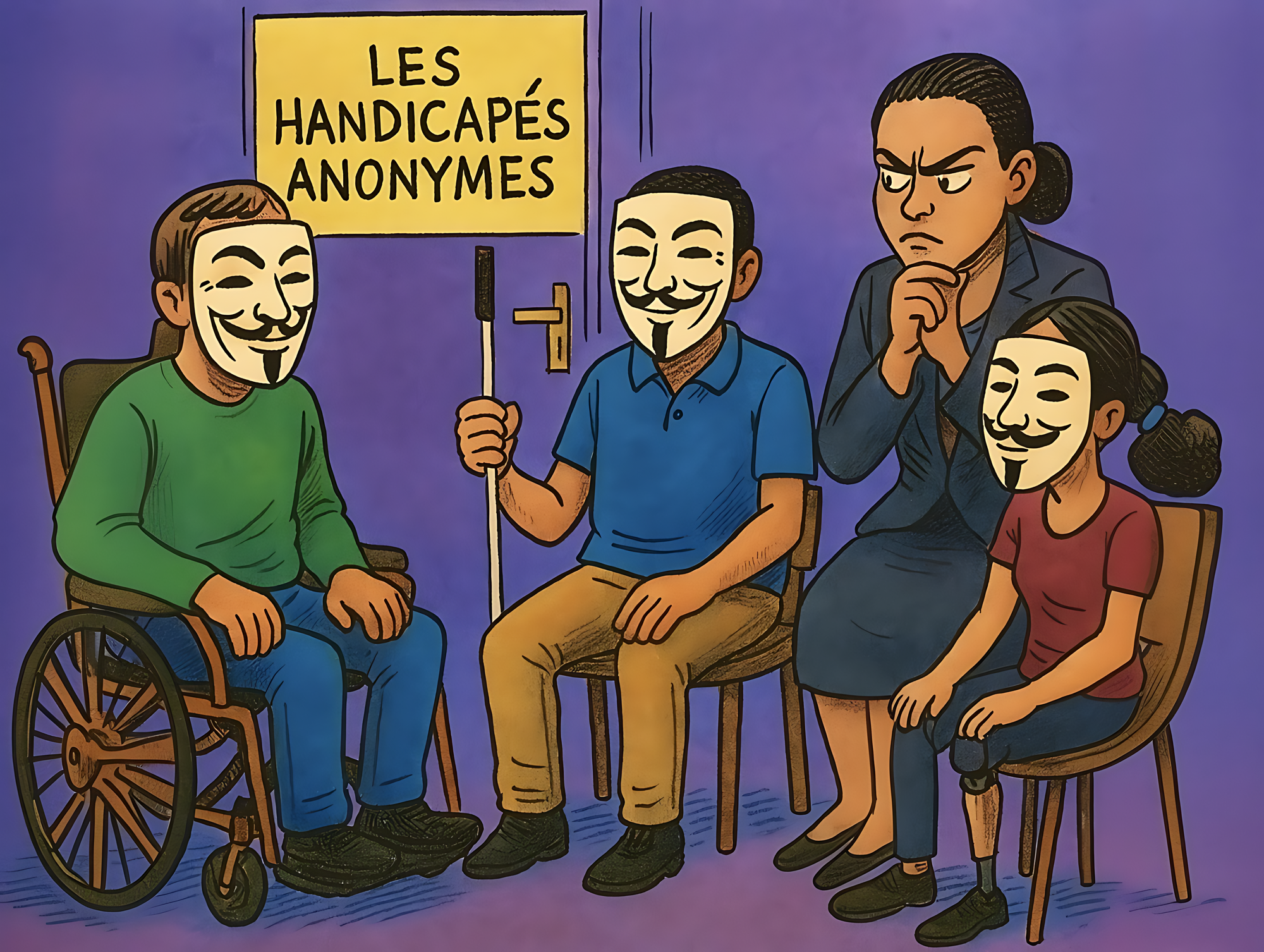 Illustration en couleurs dans un style de dessin de presse. Quatre personnes sont assises en cercle, dans une pièce fermée. Trois d'entre elles portent des masques blancs à moustache et bouc, emblématiques du collectif « Anonymous ». À gauche, un homme en fauteuil roulant, vêtu d’un pull vert et d’un jean bleu. À côté de lui, une personne malvoyante tient une canne blanche, porte une chemise bleue et un pantalon beige. À droite, une jeune femme, assise sur une chaise, arbore une prothèse à la jambe droite et porte un t-shirt bordeaux et un pantalon bleu. Les trois portent le même masque. En face d’eux, une femme sans masque, visiblement la psychologue, les observe d’un air soupçonneux, bras croisés, le visage marqué par la méfiance. Elle porte un tailleur sombre. En arrière-plan, une porte fermée est marquée d’un panneau jaune où il est inscrit en lettres noires : « Les handicapés anonymes ».