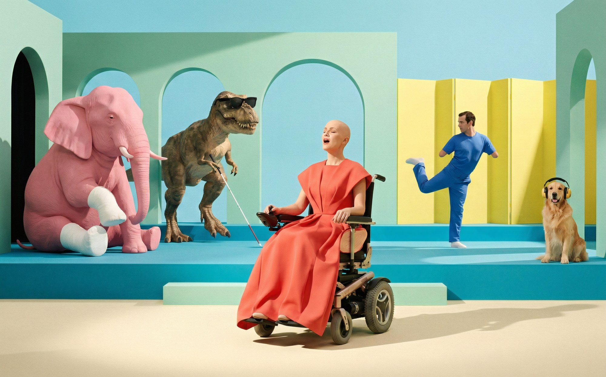 Composition artistique sur un décor pastel réunissant cinq personnages portant chacun un attribut évoquant une forme de handicap : un éléphant rose à la patte bandée, un tyrannosaure avec lunettes noires et canne blanche, une femme en robe corail assise dans un fauteuil roulant électrique, un homme avec une prothèse de main effectuant un coup de pied, et un golden retriever portant un casque audio.