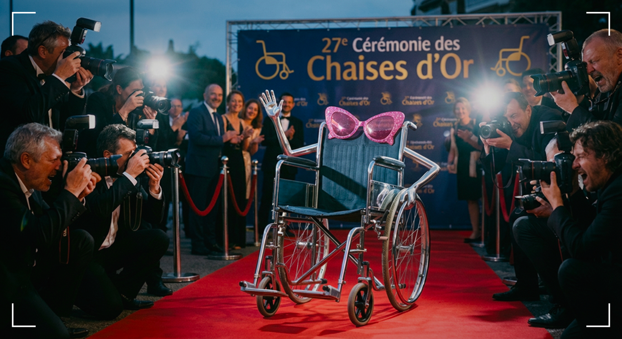 Un fauteuil roulant avec de grandes lunettes roses et des bras métalliques, dont l’un est levé, se trouve sur un tapis rouge entouré de photographes et de flashs. En arrière-plan, des invités sont devant une bannière indiquant « 27e Cérémonie des Chaises d’Or ».