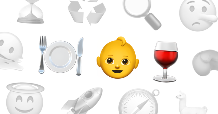 Image composée de trois emojis principaux : une assiette avec des couverts, un bébé souriant et un verre de vin rouge.