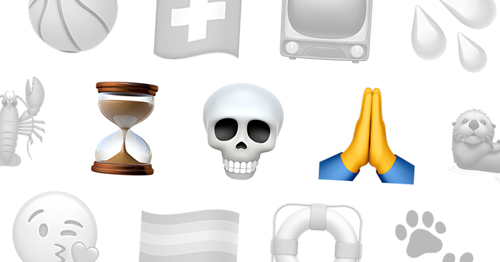 Image avec un sablier, un crâne et des mains en prière. Divers autres emojis en arrière-plan.