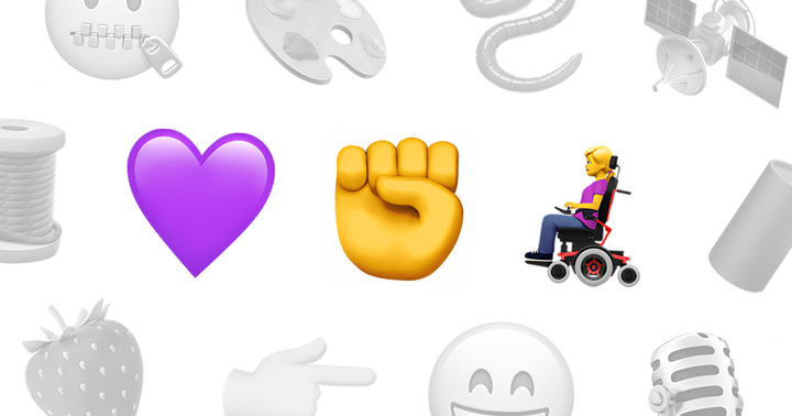 Image avec un cœur violet, un poing levé et une femme en fauteuil roulant. Divers autres emojis en arrière-plan.