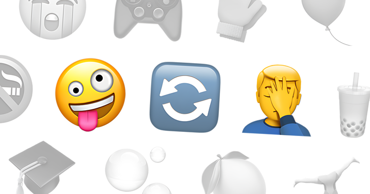 Un emoji tirant la langue, deux flèches infinies et un emoji se tenant le visage. Divers autres emojis en arrière-plan.