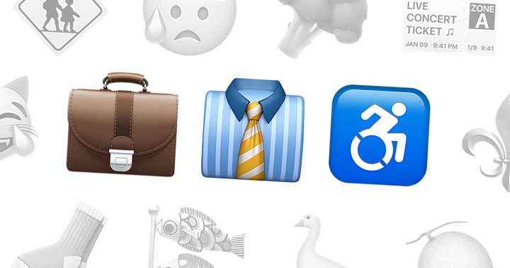 Trois emojis en couleur (mallette, chemise-cravate, logo accessibilité) entourés d'emojis en noir et blanc (divers objets).