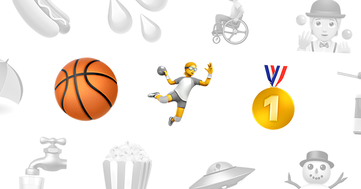 Emojis de ballon de basket, une médaille et une athlète paralympique. Arrière-plan : fauteuil roulant, hot-dog, et jongleur.