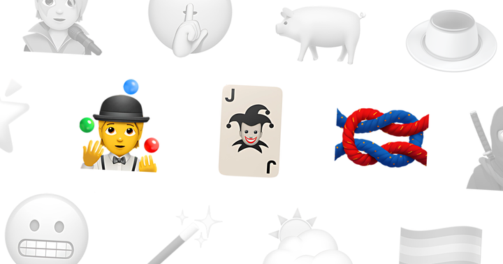 Emojis de jongleur, carte de joker et nœud marin coloré au centre. Autour, divers autres emojis en noir et blanc.