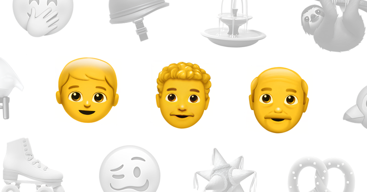 Emojis colorés (visage d’enfant, d'adulte et de personne âgée) entourés d'icônes grises variées sur fond blanc.