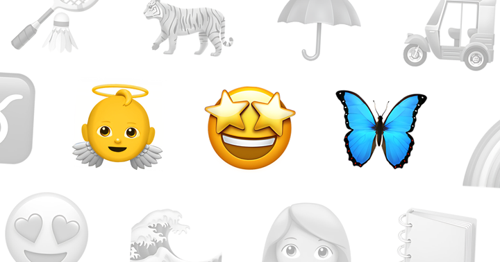 Emojis colorés (ange bébé, visage étoilé, papillon bleu) entourés d'icônes grises variées sur fond blanc.